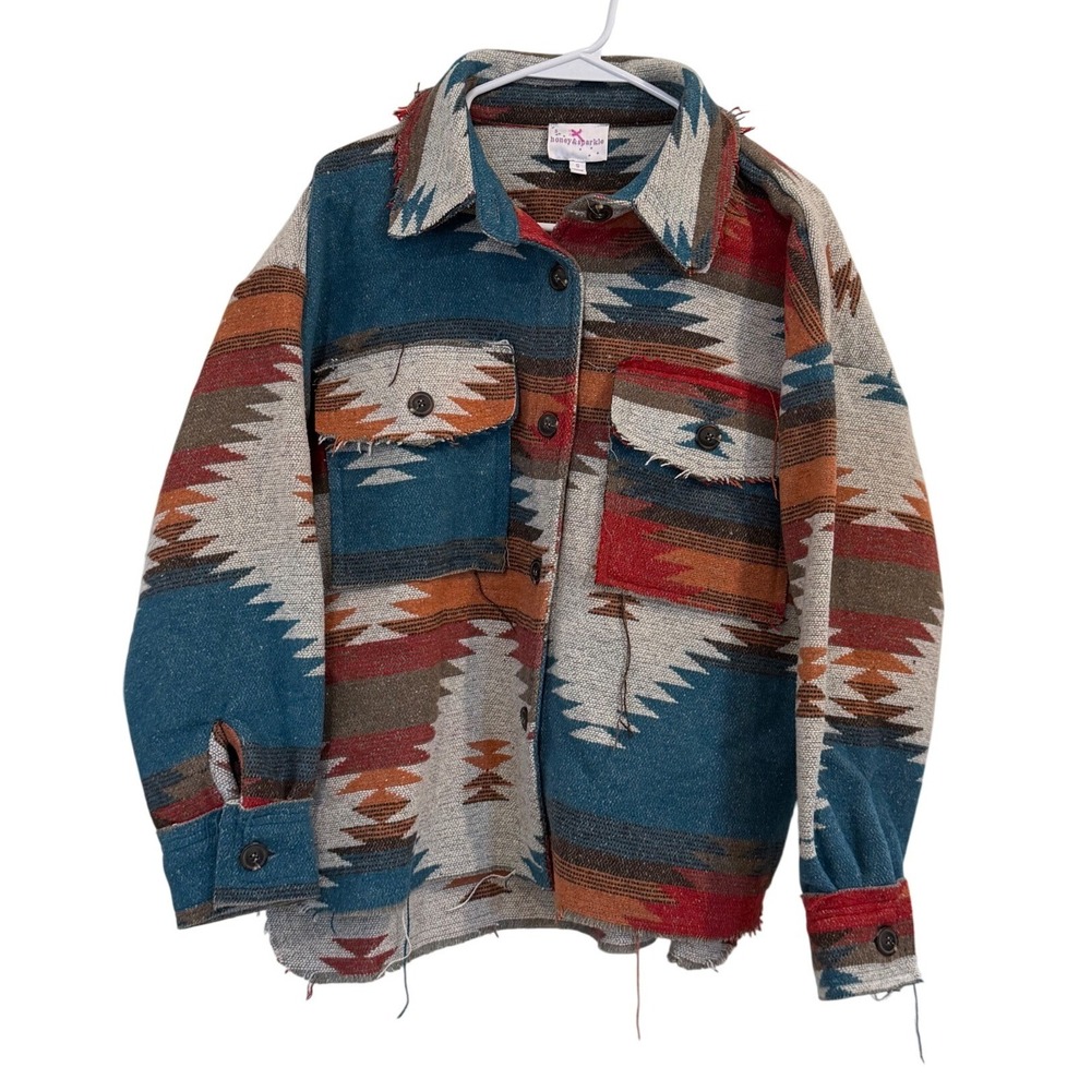 Honey & Sparkle Womens Southwestern Aztec Print Wool Blend Shacket Small Blue